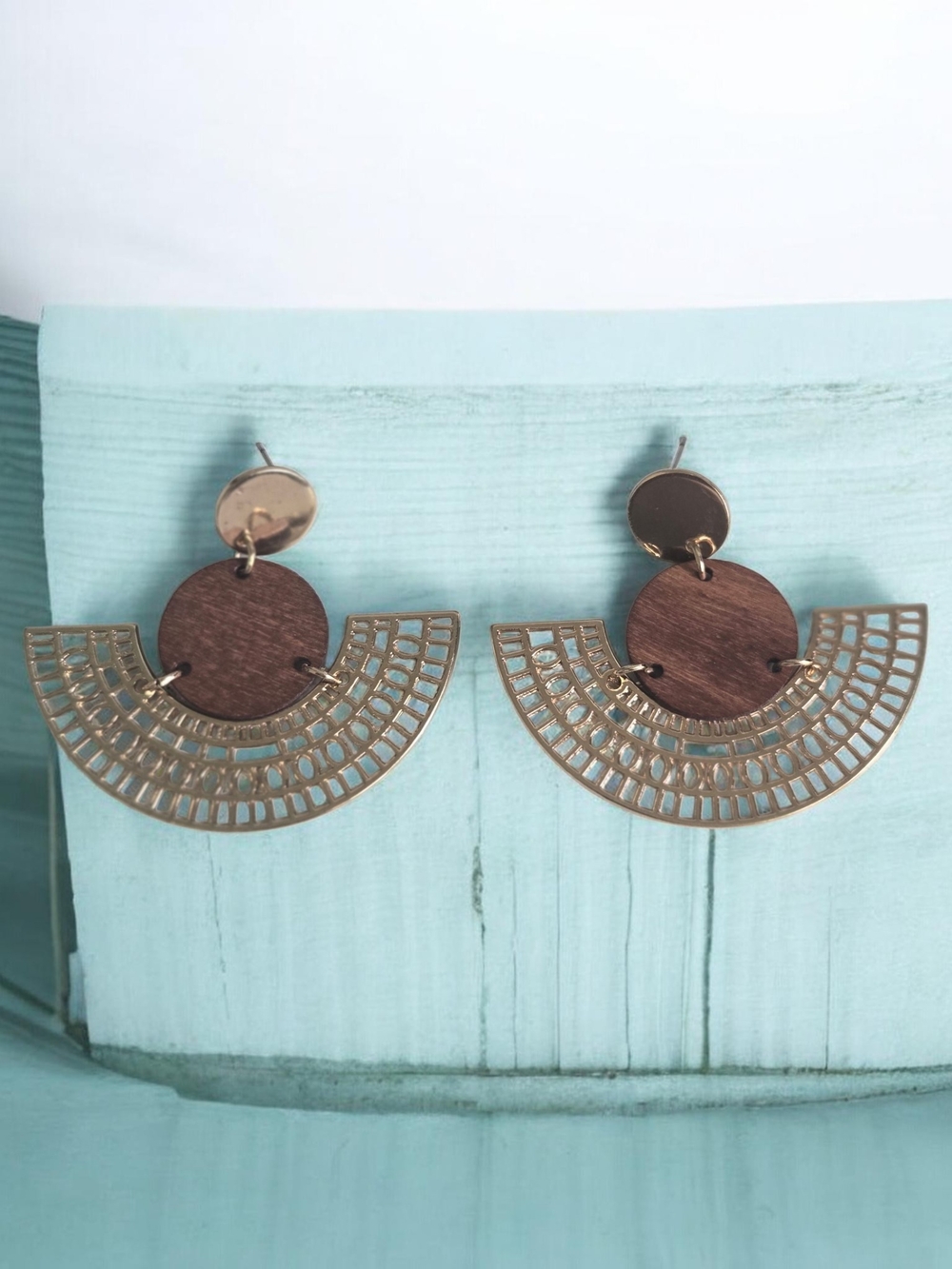 Gold and Brown Geometric Drop Earrings